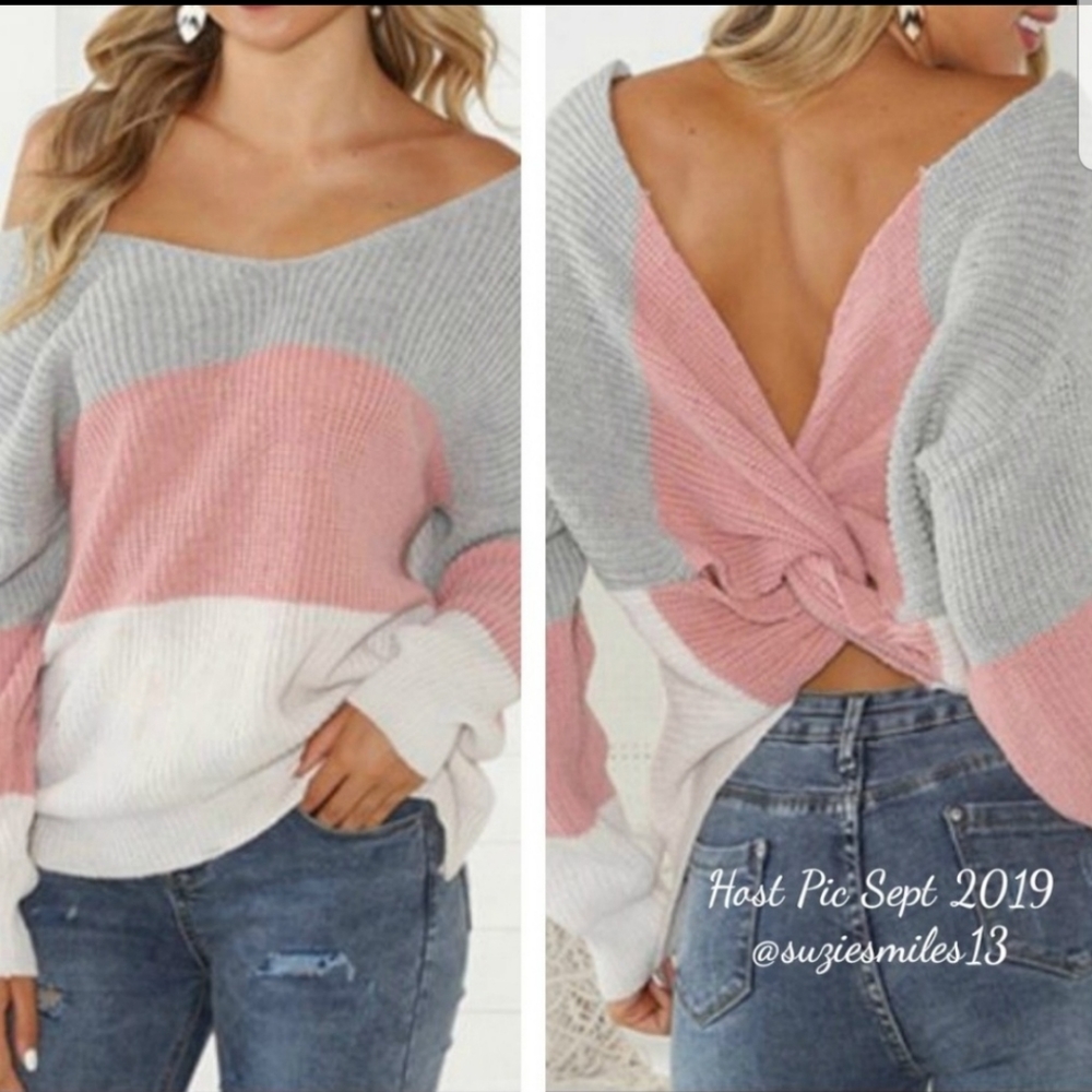 Twist Back Colorblock Sweater Grey Mauve Off White